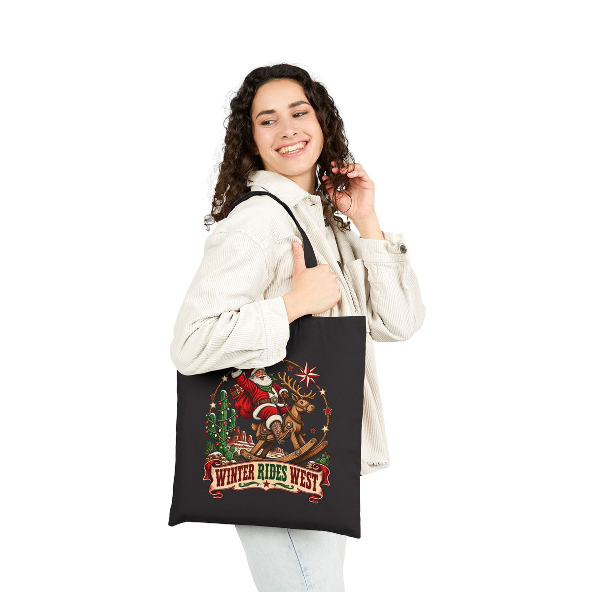 Western Santa Riding Reindeer tote | Vintage Christmas western holiday design